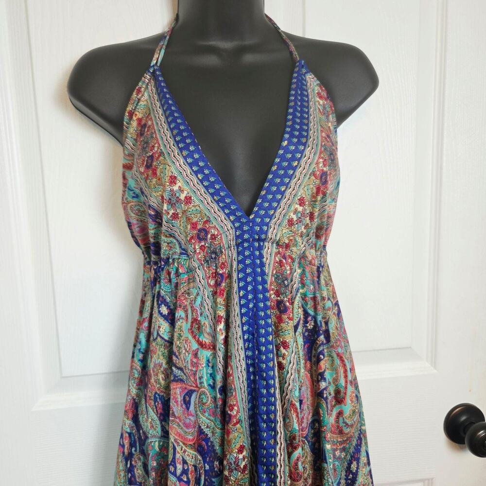 Zury Dress Womens OS Multicolor Paisley Silk Halter Maxi Boho Backless Deep V